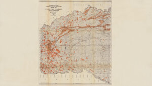 A vintage map of the Choctaw Nation with areas highlighted showing coal and asphalt segregation.