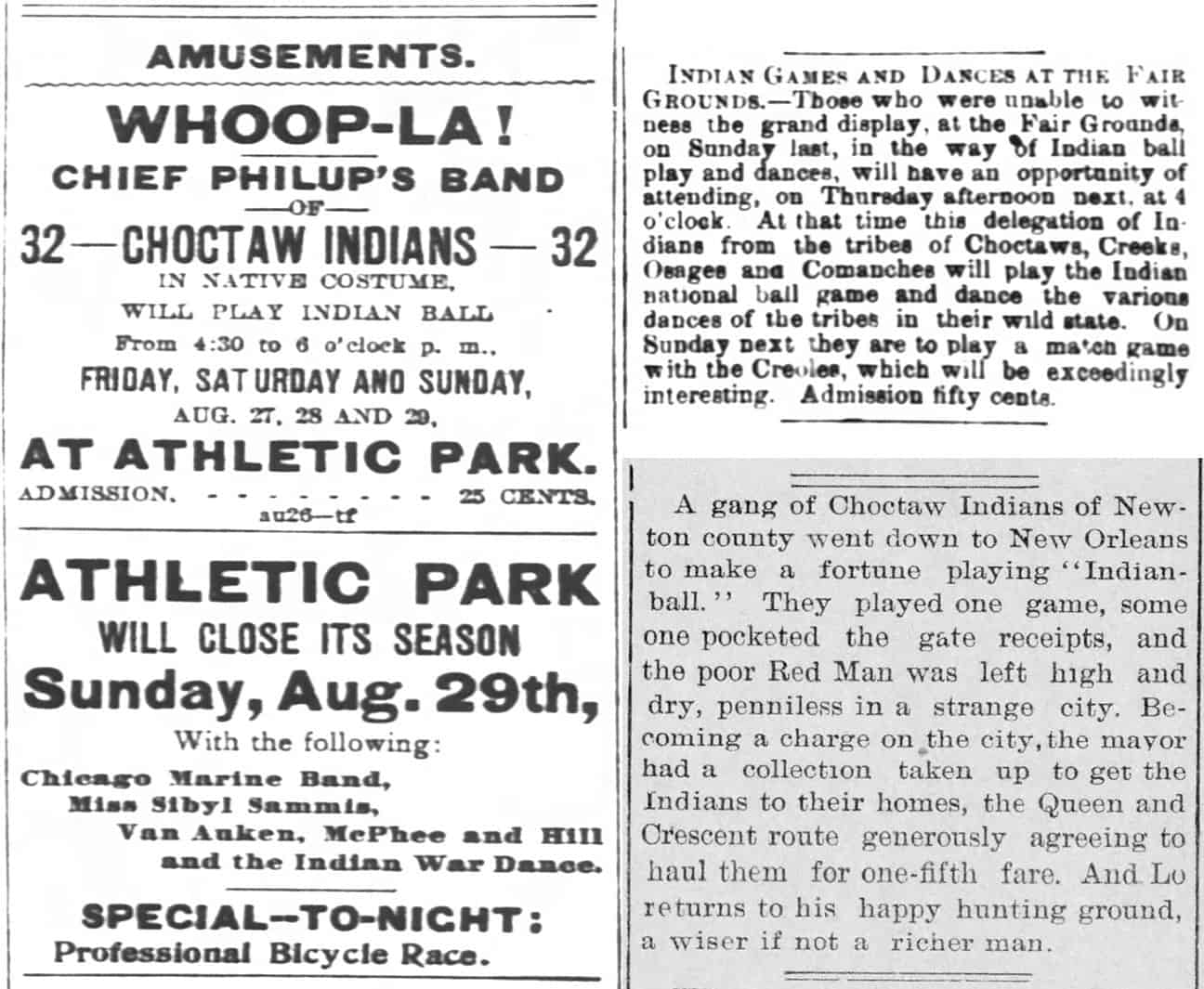 Various newspapers clippings advertising "Indian Ball"