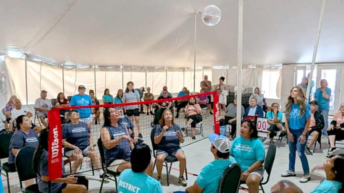 A group of elders play chair volleyball.